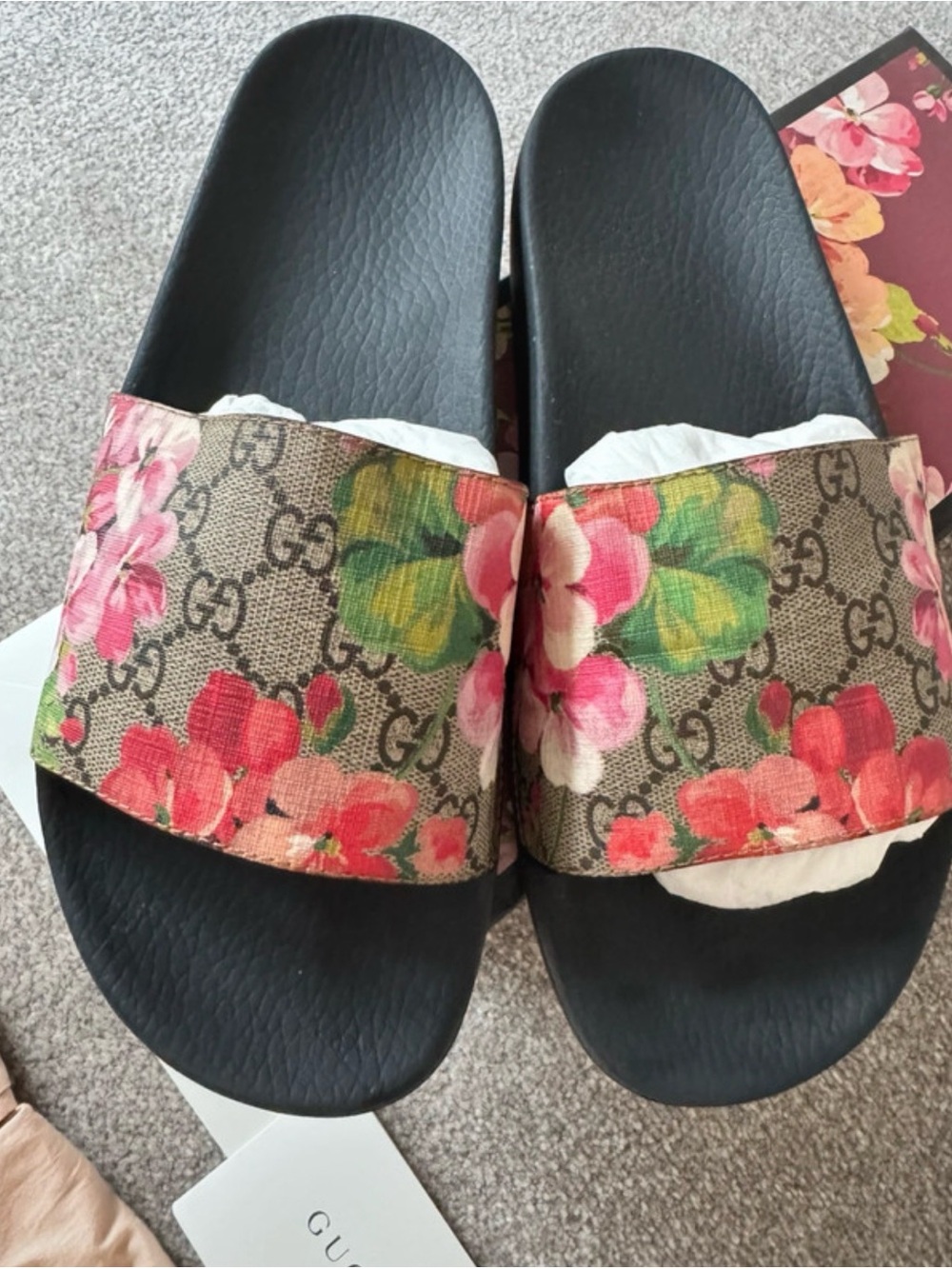 Gucci Floral Monogram Black Slide Sandals with Pink & Green Flowers - Picture 2 of 5